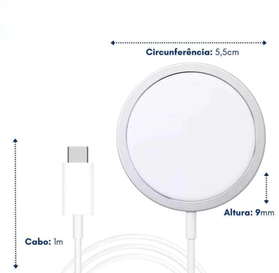 Carregador Magnético Cabo Indução Para iPhone / USB-C / 15W