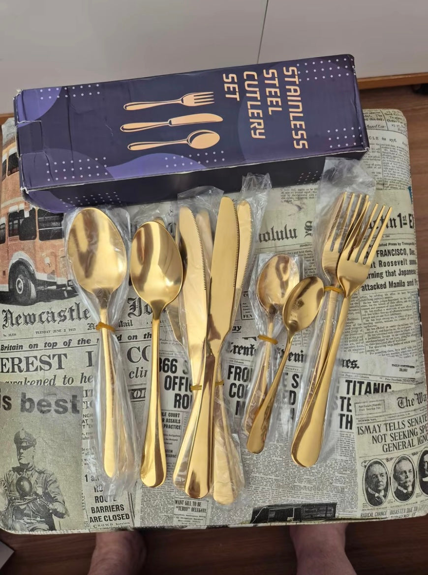 Conjunto De Talheres Dourado/ Prateado De Luxo  Aço Inoxidável 24Unidades